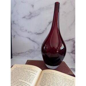 Vintage Ruby Red Art Glass Bud Vase Teardrop Long Neck Mid Century Modern 12.5"